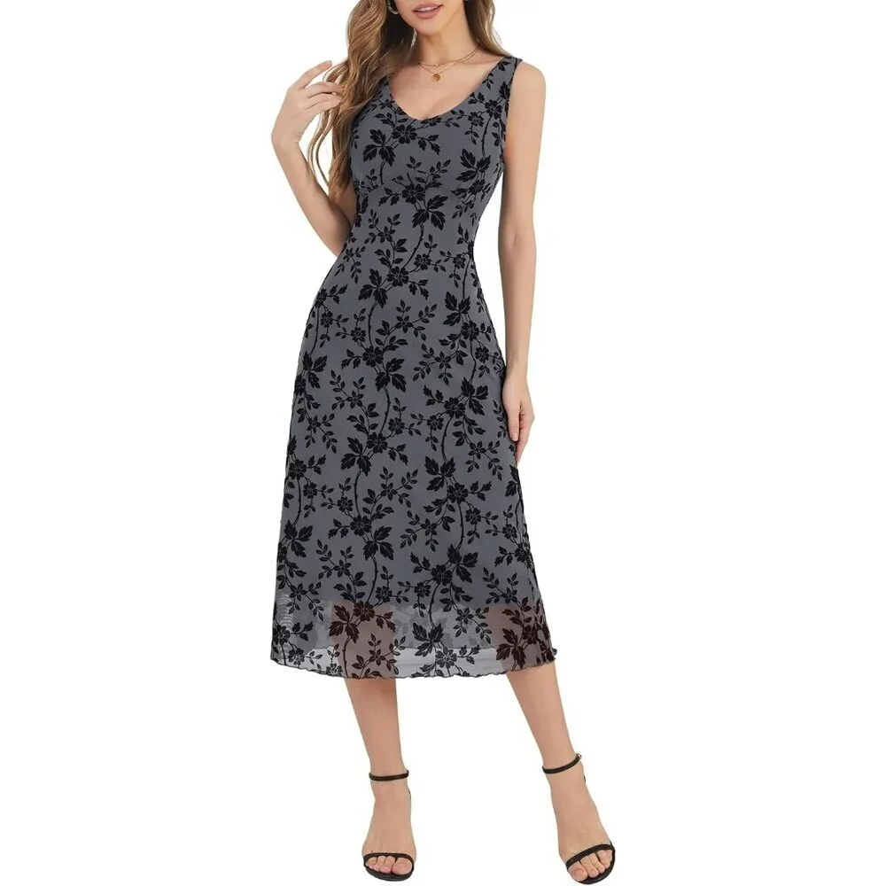 Women's Grey V Neck Sleeveless Mesh Maxi Dress Casual Elegant Long Floral - Picture 3 of 5